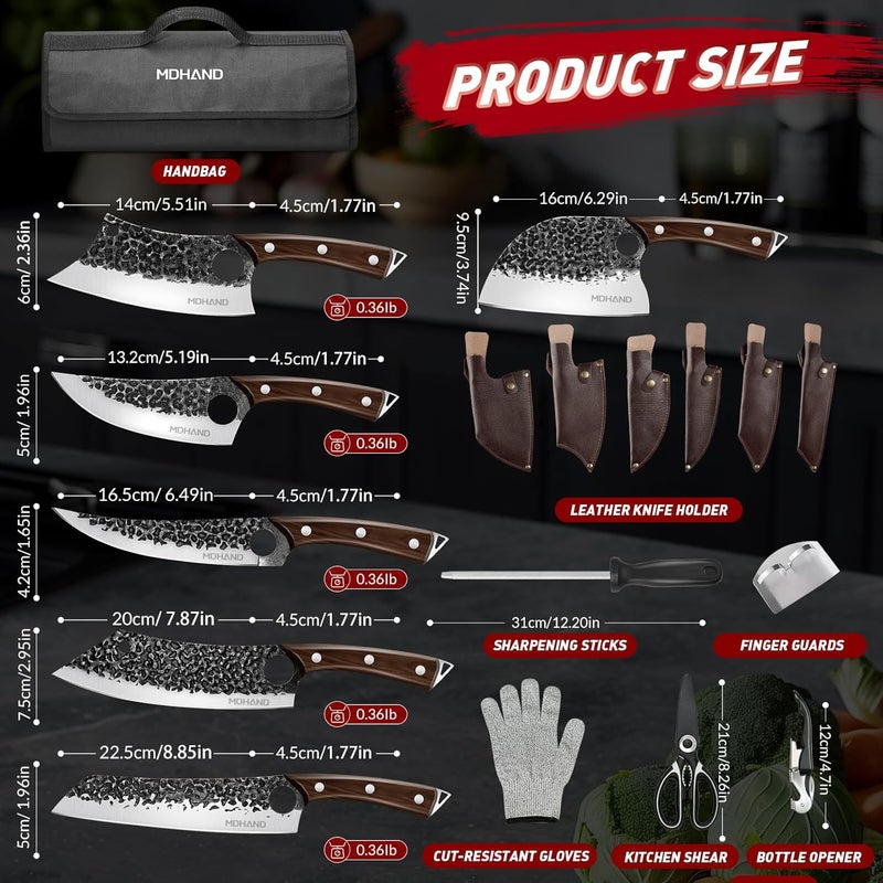 MDHAND Butcher Knife Set, 13PCS Hand Forged Serbian Chef Knife Set with Bag, Full Tang Kitchen Knife Sets with High Carbon Steel, Meat Cleaver Butcher Boning Knife for Brisket Trimming, Gift for Men - Image 2
